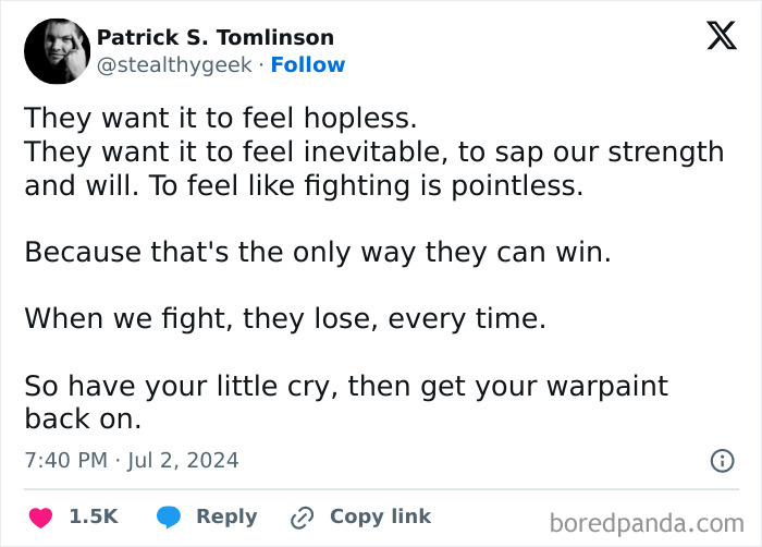 Tweet expressing frustration with capitalism, urging resilience and continued fighting.