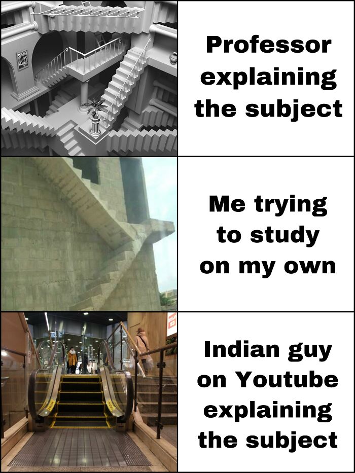 Three-part meme humorously depicting different levels of understanding physics through various stair and escalator images.