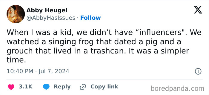 Funny parenting post comparing childhood entertainment with modern influencers.