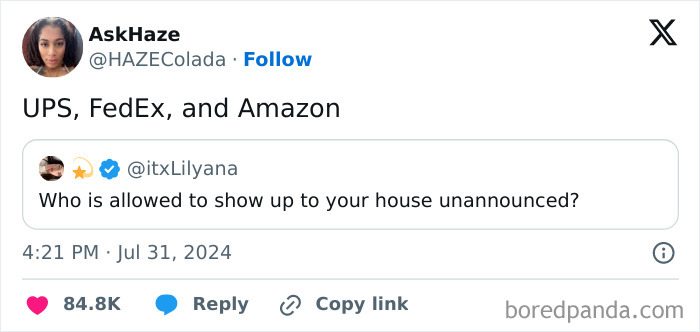 Tweet meme from "Circle Of Idiots" humorously discussing who can visit unannounced: UPS, FedEx, Amazon.