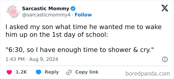 Funny parenting tweet about a child's humorous back-to-school morning routine request.