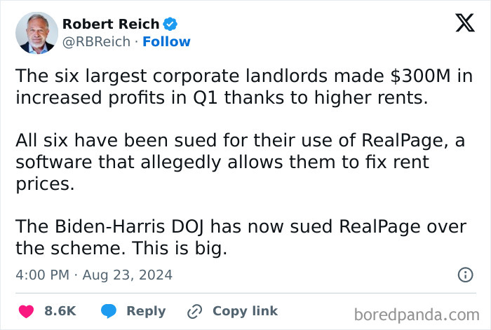 Tweet about corporate landlords being sued for allegedly fixing rent prices through RealPage software.