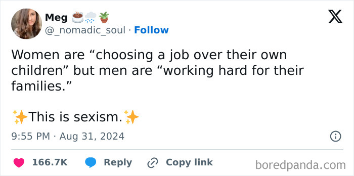 Tweet highlighting sexist views about women choosing jobs over children contrasted with men's work for families, illustrating sexism.
