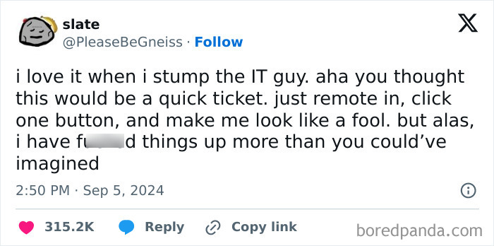 Tweet about stumping the IT guy, relatable meme about tech support with humorous commentary.