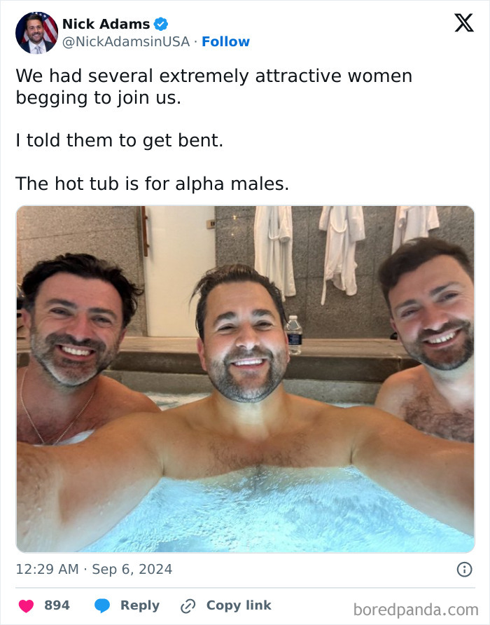 Three men smiling in a hot tub with bathrobes hanging in the background, illustrating outrageous lies people tried to pass off.