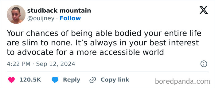 Social media post criticizing capitalism, advocating for accessibility and acknowledging slim chances of lifelong ability.