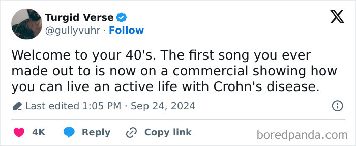 Millennial misery meme about a song from youth being used in a Crohn's disease commercial.