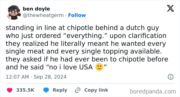 Tweet about a Dutch guy's humorous Chipotle order, highlighting random, relatable meme content.
