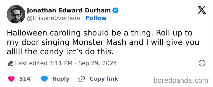 A tweet humorously suggests Halloween caroling with "Monster Mash" for candy, showcasing millennial humor.