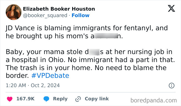 Tweet screenshot discussing JD Vance and immigrants, referencing chaos in Ohio nursing job context.