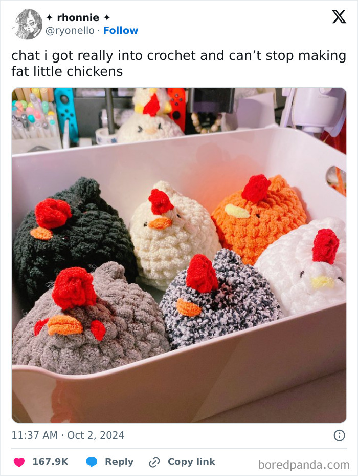 Crocheted fat little chickens in various colors sitting inside a white container, showing pure and uplifting moments.