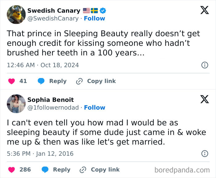 Two tweets humorously discussing Sleeping Beauty, showcasing millennial humor style with witty commentary.