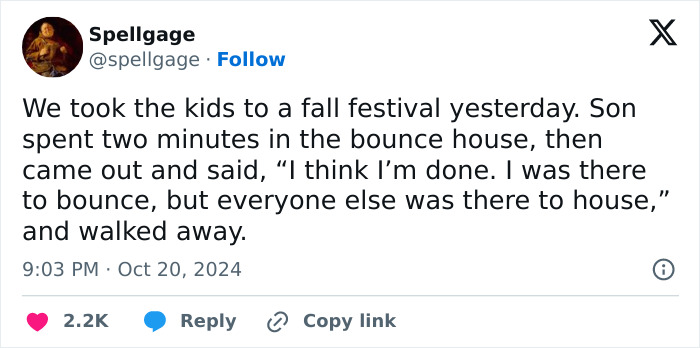 Funny tweet by a parent about their son's bounce house experience at a fall festival, highlighting parental humor.