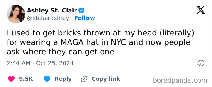 Tweet by Ashley St. Clair about wearing a MAGA hat in NYC, highlighting outrageous lies people tried to pass off.