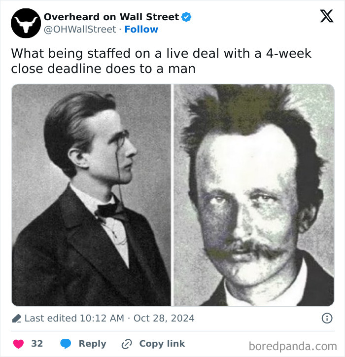 Before and after meme of a man showing effects of stress from Wall Street live deal deadlines.