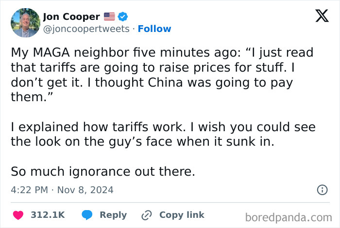 Tweet discussing tariffs misunderstandings, reflecting unfiltered thoughts from White People Twitter.