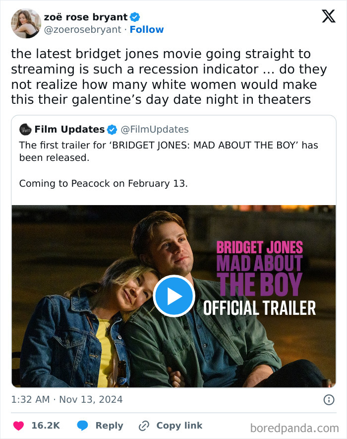 Bridget Jones movie streaming is highlighted as a recession indicator in a humorous tweet.