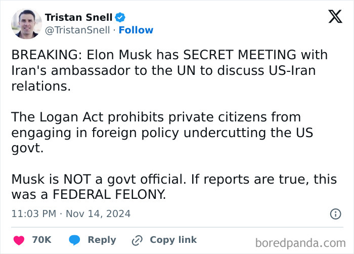 Tweet about Elon Musk's alleged secret meeting with Iran's UN ambassador, raising legal concerns.