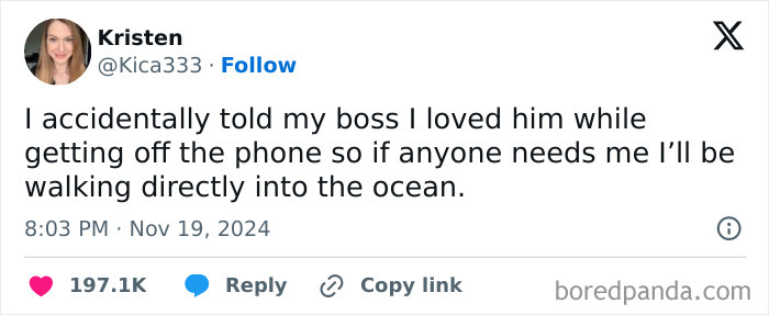 A humorous tweet about an embarrassing work call mistake, highlighting a probably worse day than yours.