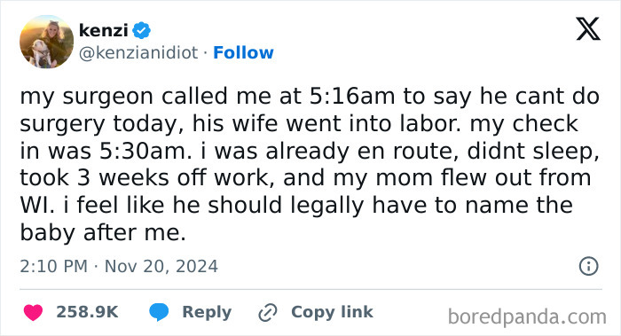 Funny meme about a surgery cancellation due to a surgeon's wife in labor, suggesting the baby should be named after the patient.