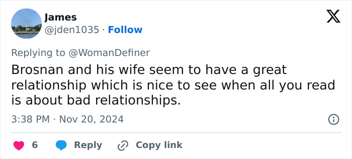 Tweet discussing Pierce Brosnan's strong relationship with wife amid her stunning transformation, liked by six users. Tweet discussing Pierce Brosnan's strong relationship with wife amid her stunning transformation, liked by six users.