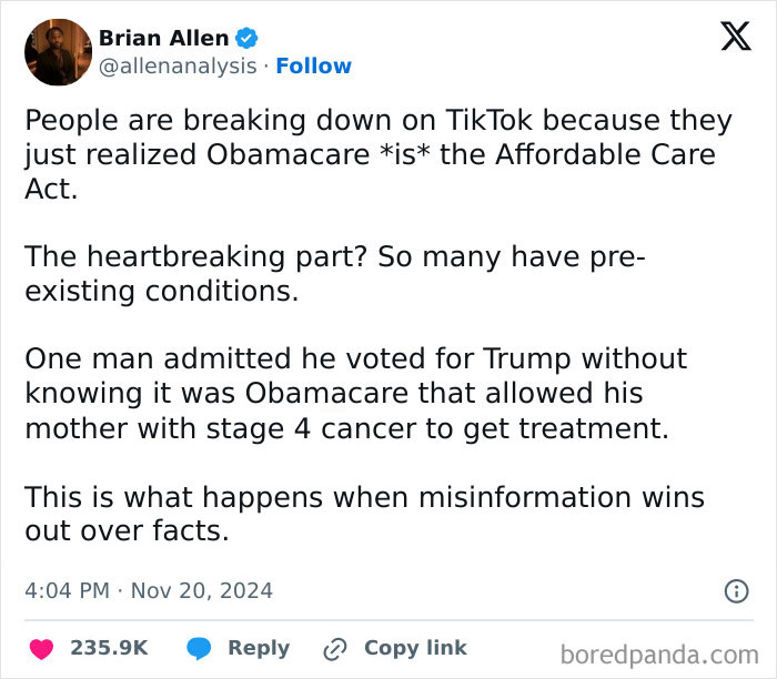 Tweet discussing Obamacare and misinformation, highlighting the impact of unaware voters on healthcare misconceptions.
