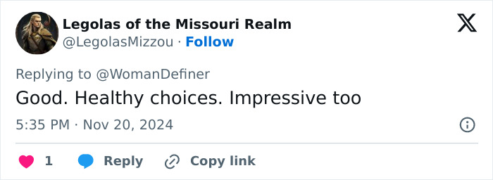 LegolasMizzou tweets in support of healthy choices, emphasizing Pierce Brosnan's response to body-shamers. LegolasMizzou tweets in support of healthy choices, emphasizing Pierce Brosnan's response to body-shamers.