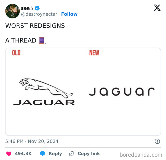 Diagram comparing old and new Jaguar logo designs in a Twitter post on worst redesigns.