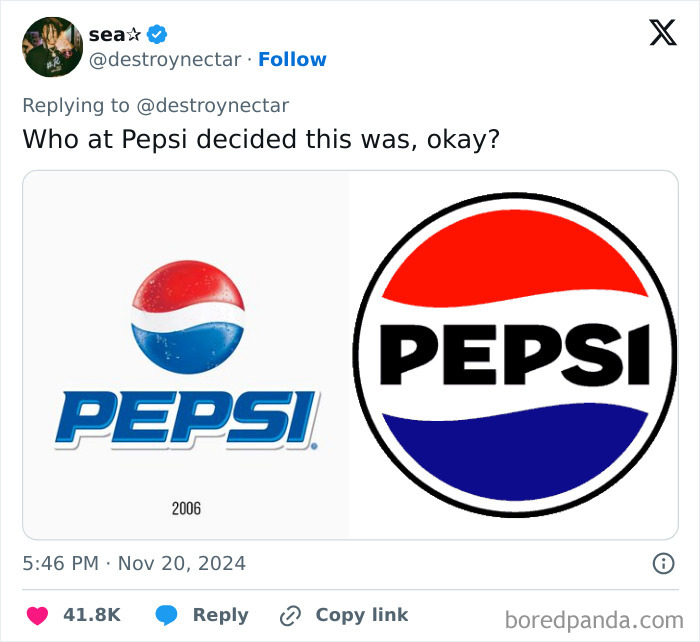 Comparison of Pepsi logo redesigns with red, white, and blue circle beside bold black text.