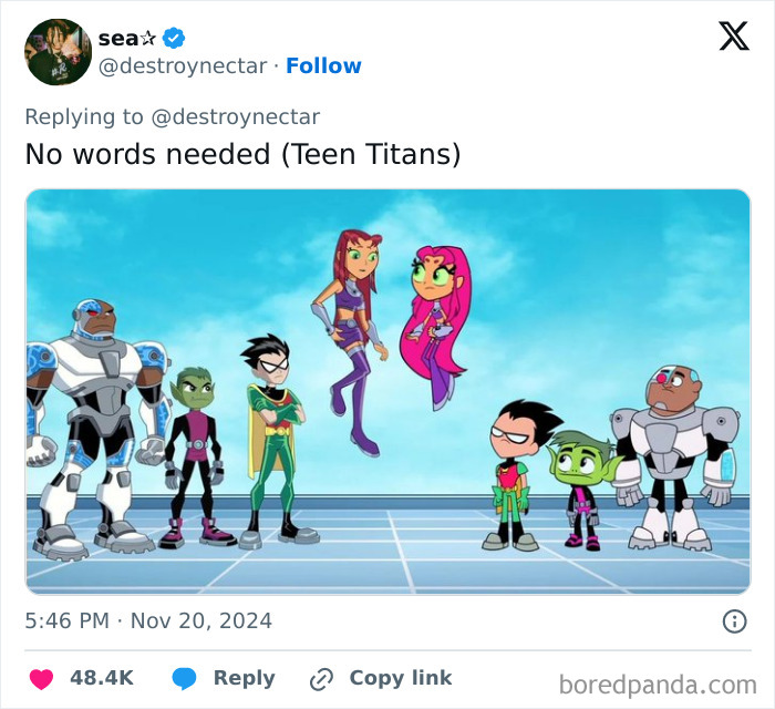 Teen Titans animated characters lined up, showcasing possible redesign critique.