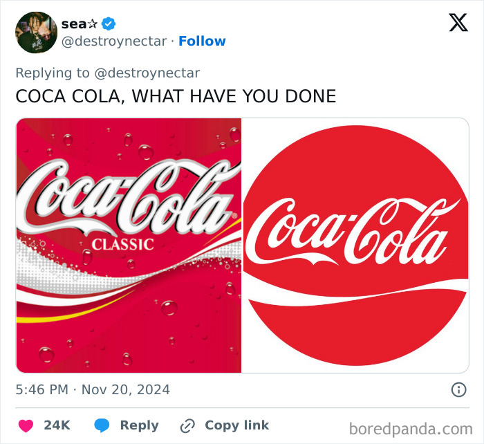 Coca-Cola logo redesign comparison, showing old and new versions side by side, highlighting a criticized change.