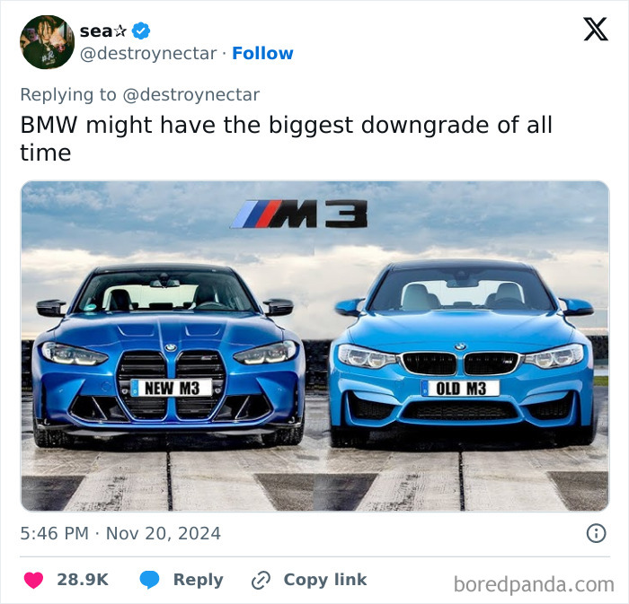 Two BMW M3 models, labeled "NEW M3" and "OLD M3," highlighting redesign comparison.