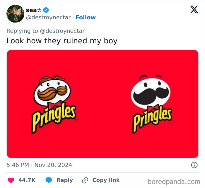 Redesign criticism of Pringles logo showing old and new versions with text: "Look how they ruined my boy."