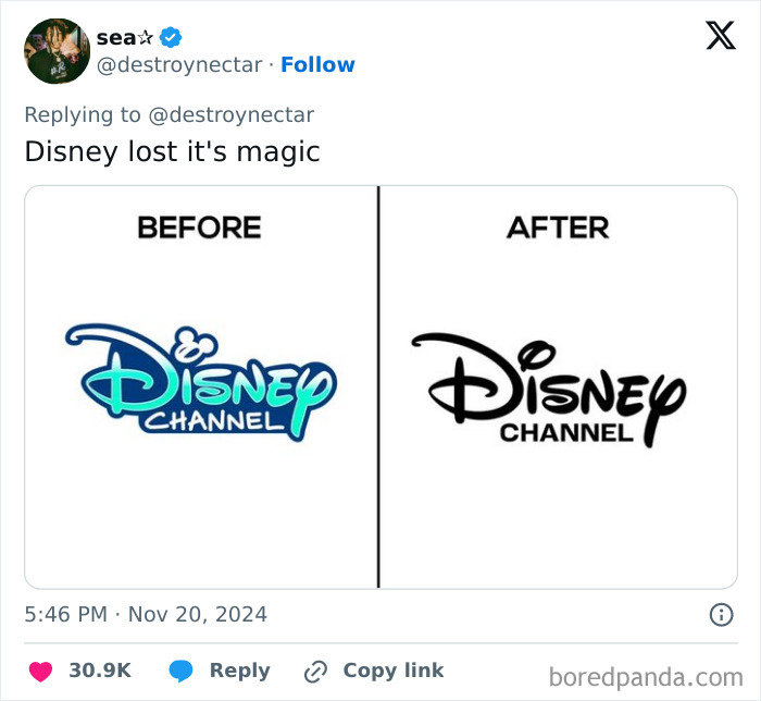 Disney Channel logo redesign comparison, before and after.