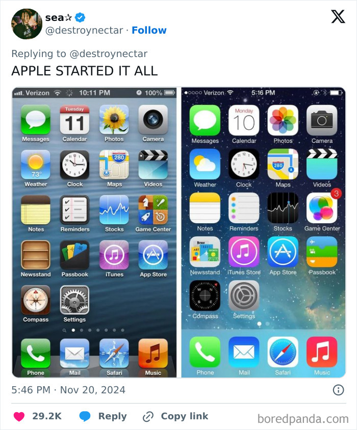 Comparison of old and new Apple iOS designs, illustrating a questionable redesign.