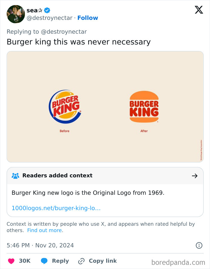 Burger King logo redesign comparison, showing before and after images, criticized online for being unnecessary.