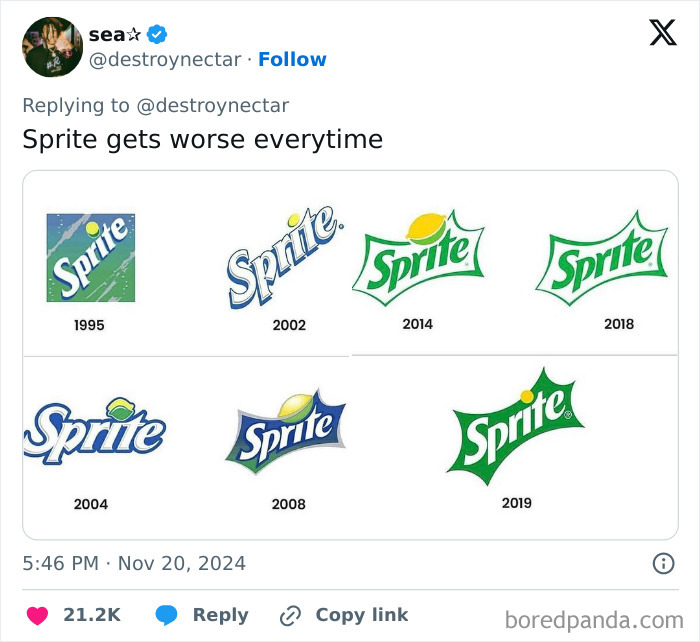 Sprite logo redesigns from 1995 to 2019, criticized for poor changes online.