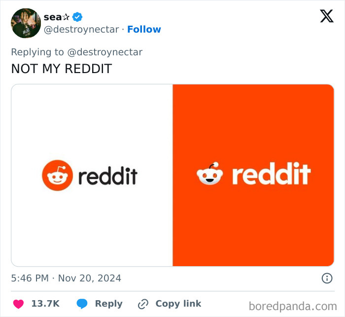 Reddit logo redesign comparison, left original and right new version, causing online critique.