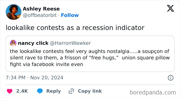 "Lookalike contests mentioned humorously as recession indicators in a Twitter post."