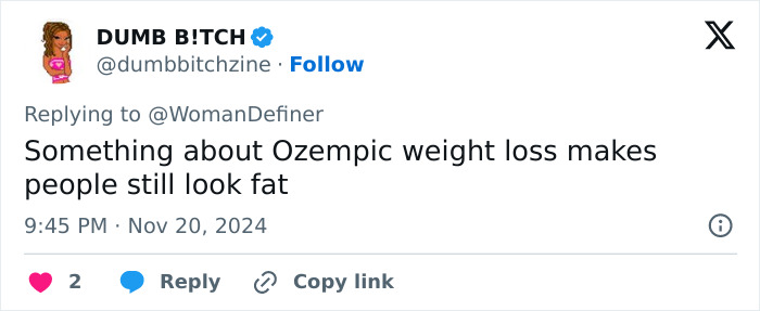Tweet discussing weight loss, related to body-shaming and Ozempic, by user @dumbbitchzine. Tweet discussing weight loss, related to body-shaming and Ozempic, by user @dumbbitchzine.