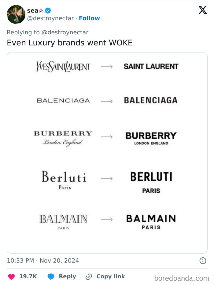 Luxury brand redesigns with minimalist logos, showing updated brand names in bold typography.