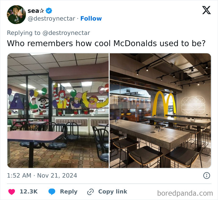 Old McDonald's play area vs. modern redesign drawing online criticism.