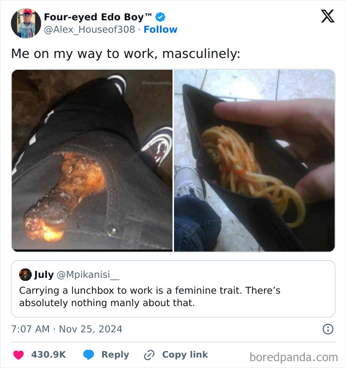 Meme with a humorous take on masculinity, showing food in unconventional places as an alternative to lunchboxes.