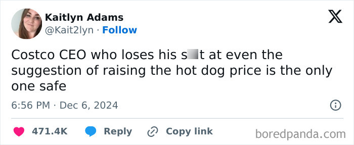 Tweet about Costco CEO's reaction to hot dog price increase suggestion.