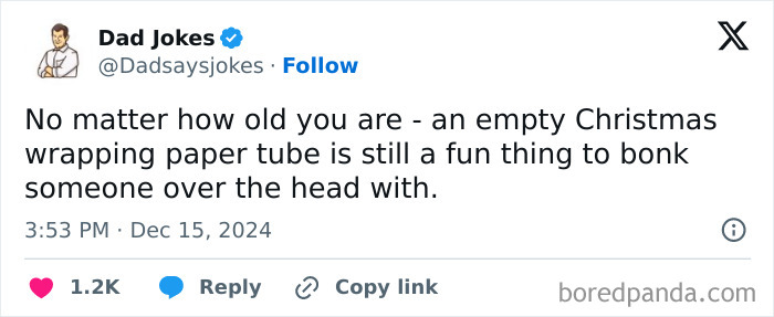 Dad joke about using an empty Christmas wrapping paper tube for fun, shared on Instagram.