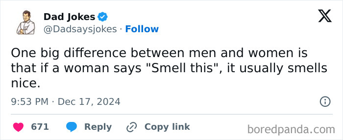 Dad jokes post from an Instagram account highlighting the humor in a woman's "Smell this" phrase.