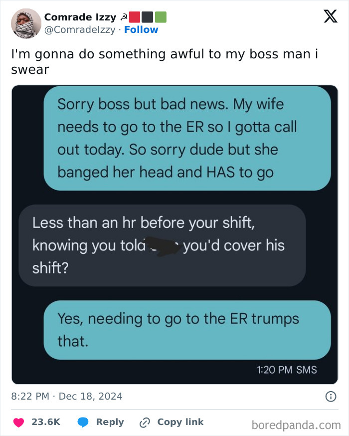 Texts revealing a boss's frustrating response to an emergency, reflecting infuriating superiors in workplaces.