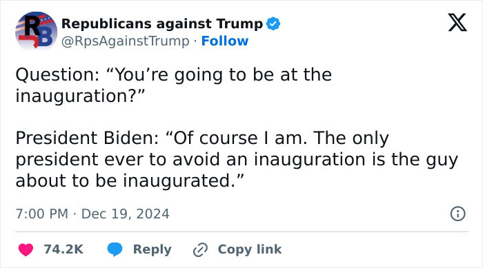 President commenting on attending inauguration, text overlay with humorous response. White People Twitter post.