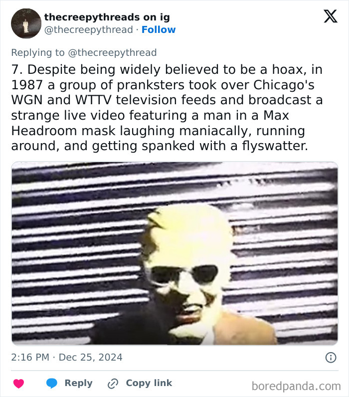 Man wearing a Max Headroom mask in eerie video prank, one of the spooky facts about our world that might leave you disturbed.