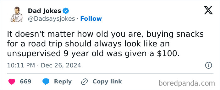 Dad humor post about buying road trip snacks, likening it to a 9-year-old spending $100 unsupervised.